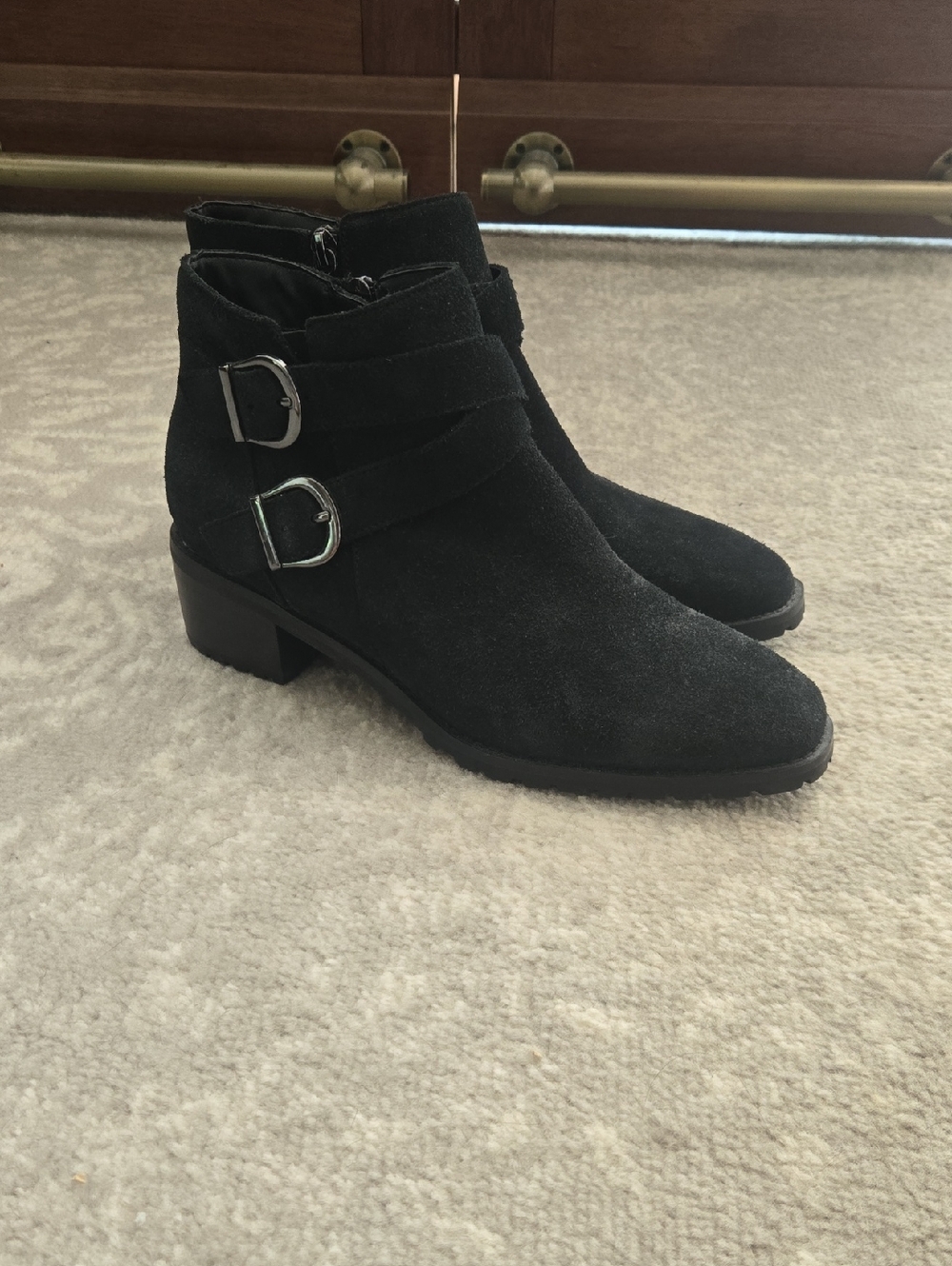 Blondo Black Suede Buckle Ankle Boots